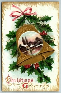 Geprägte Postkarte ~ Weihnachten ~ Glocke & Stechpalme ~ Schneebedecktes Haus am See - Bild 1 von 2