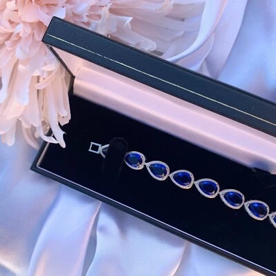 Синий сапфир грушевидной огранки браслет белое золото сентябрь камень | Бесплатная подарочная коробка - Изображение 1 из 4