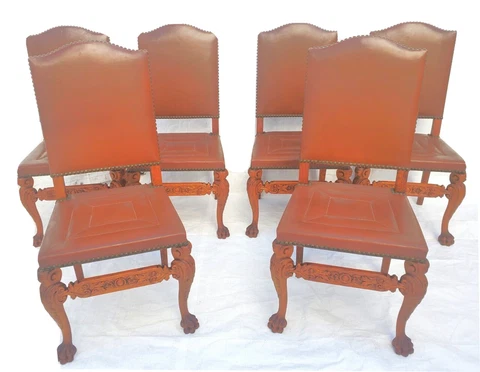 Antique 1930s Renaissance Revival Carved Set of 6 Dining Chairs with Claw Feet Cover