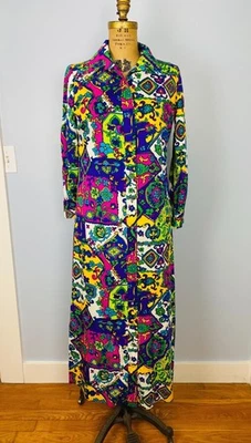 Maxi Vestido Vintage Años 60 Prestige of Boston Colorido, Talla S/M, Botón Delantero Foto 1 de 4