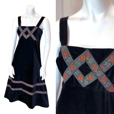 Vintage 70’s VELVET MIDI DRESS w FLORAL TRIM M Black Peasant Boho Country Retro - Image 1 of 4