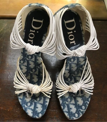 RARE Christian Dior GALLIANO Y2K Trotter Monogram Denim Wedge Knot Sandals EU 38 - Image 1 of 4