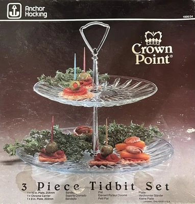 Juego de 3 piezas de plato de fiesta vintage Anchor Hocking Crown Point MCM HECHO EN EE. UU. Foto 1 de 4