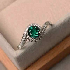 1.20 Ct Round Natural Emerald & Diamond Engagement Ring 14K White Gold Size ALL - Picture 1 of 5