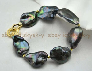 Huge Natural South Sea Black Freshwater Keshi Baroque Pearl Bracelet 7.5'' - Picture 1 of 4