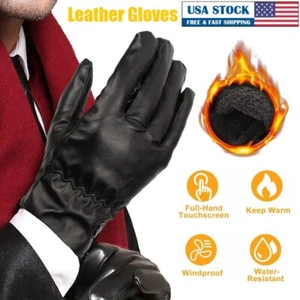 PU Leather Full Finger Thermal Windproof Touch Screen Gloves Winter Warm Gloves - Picture 1 of 14