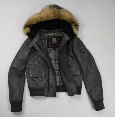 Chaqueta Bomber Belstaff Gris Piel Con Capucha Cuero Etiqueta Dorada Talla UK 8 (40) Foto 1 de 4