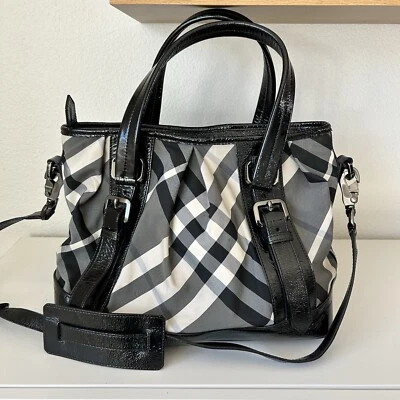 Authentic Burberry Nylon Leather Black Beat Check Lowry Tote Bag w/ Crossbody  - Image 1 of 4