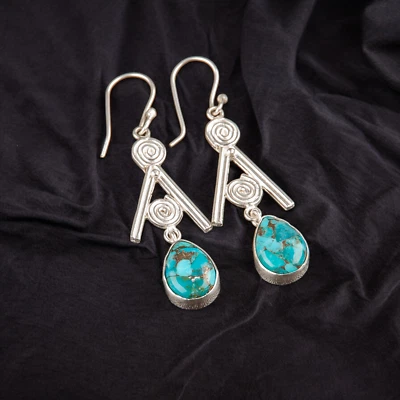 Copper Turquoise Gemstone Dangle Earring 925 Sterling Silver Handmade Jewelry - Image 1 of 3