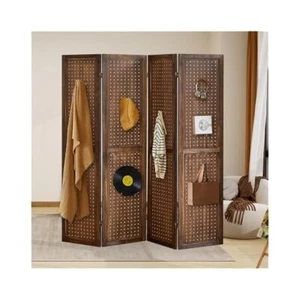 4 Panel Wood Divider, Pegboard Room Screen with Hooks for Jewelry Display - Picture 1 of 6