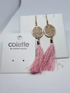 Colette Bohemian Pink Tassel Fringe Gold Tone Designer Drop Dangle 4" Earrings - Picture 1 of 12
