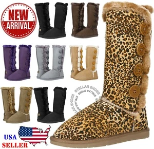 Neu Damen Vier Knöpfe Kunstfell gefütterte Schere mittlere Wade Winter Schnee Fell Stiefel - Bild 1 von 41