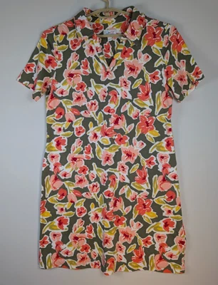 Denim & Co. Shirt Dress Women M Coral Green Floral V-Neck Resort Wear A498803 - Image 1 of 4