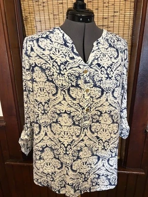 Blusa Camisa Para Mujer Coral Bay Azul Blanco Henley Manga 3/4 Pestaña Enrollable Grande Foto 1 de 2