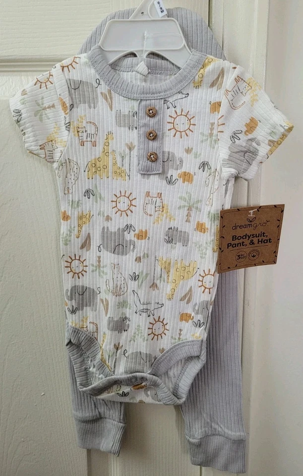NWT DreamGro 3-Piece Baby Outfit Safari Animals Bodysuit Pants Hat 6-9 Mos Gray - Image 1 of 2