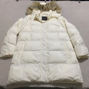 Talbots Coat Jacket Womens Large White Puffer Quilted Faux Fur Hood Full Zip - Picture 1 of 11