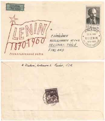 Carta 90 cumpleaños Vladimir Lenin Checoslovaquia a Finlandia Checo FDC 1960 Foto 1 de 3