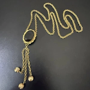 Vintage Gold Filled Glass Smoky Quartz Lariat Fringe Tassel 28" Necklace 26g. - Picture 1 of 18