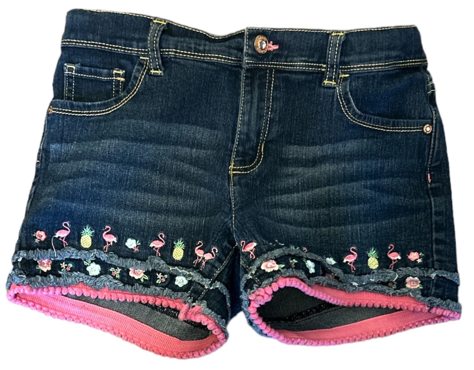 Pantalones Cortos Jordache Talla 16 Niñas Bordados Denim Rosa Flamenco Piña Foto 1 de 4