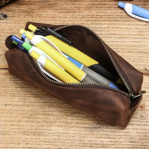 Retro Genuine Leather Pencil Case Pen Pouch Stationery storage bag 16.2x5.5x5cm - Picture 1 of 9