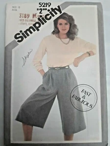 Culottes Shorts Pullover Top Size 12 Simplicity Sewing Pattern 5219 VTG 80's UC - Picture 1 of 4