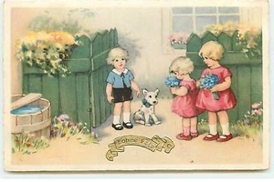 Fantaisie - Bonne Fête - Fillettes avec des bouquets et un gar�on prè - 24159 - Picture 1 of 2