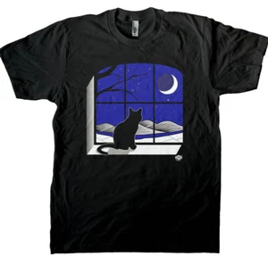 Schwarze Katze Halbmond Fenster eindringlich kalt Winter sternenklar Nachthimmel Herren Shirt - Bild 1 von 1