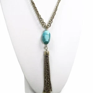 Lucky Brand SP Turquoise Tassel Necklace Long Gold Tone Metal Chain Southwestern - Picture 1 of 12