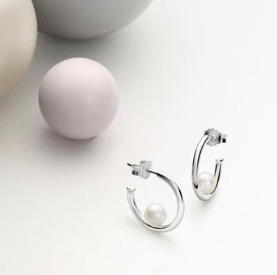 New Authentic PANDORA Offset White Pearl Hoop Earrings #297528P w/ Box - Image 1 of 4