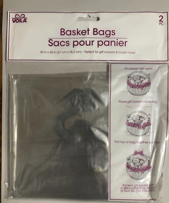 GIFT BASKET BAGS, 2 Bags, VOILA 24X30 INCH, CLEAR CELLOPHANE WITH TIE TWIST, NEW