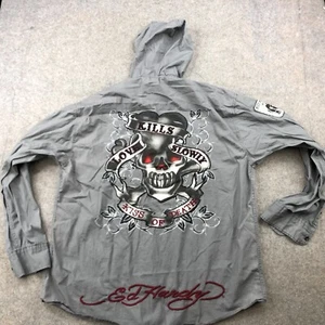 Ed Hardy Shirt Men 2XL Gray Graphic Skull Long Sleeve Hooded Button Y2K Grunge - Picture 1 of 15