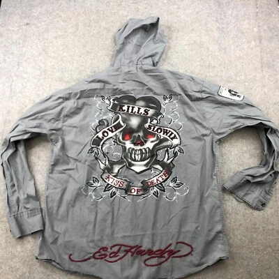 Camisa Ed Hardy Hombres 2XL Gris Gráfico Calavera Manga Larga Con Capucha Botón Y2K Grunge Foto 1 de 4