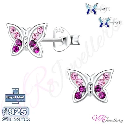 925 Kids Stud Earrings Sterling Silver Childrens Girls Crystal Butterfly +Box - Изображение 1 из 2