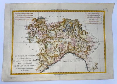 ITALY SAVOIE PIEMONT GENES MILAN 1780 RIGOBERT BONNE ANTIQUE MAP 18TH CENTURY - Image 1 of 4