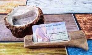 Lotto di 2 porta biglietti da visita intagliati a mano Capanno Antler ~ Fatto in Colorado ~ Lodge Office - Foto 1 di 11