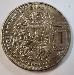 1984 Doubling error Coin $50 pesos Coyolxauhqui Aztec Goddess Of Moon MEXICO - Picture 1 of 24