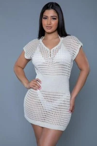 sexy BE WICKED crochet NET short SLEEVE gathered WAIST swim COVER up MINI dress - Picture 1 of 3