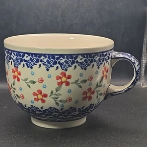 Polish Pottery Large Coffee Soup Mug Boleslawiec 16oz Red Sm Flowers 165 Poland - Picture 1 of 9