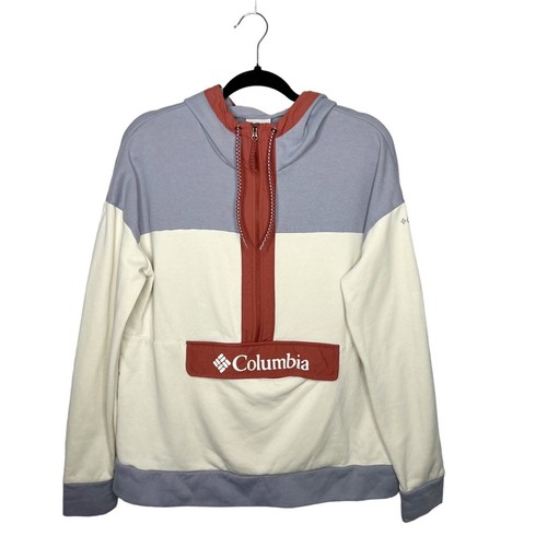 OFF WHITE Columbia taglia XL panna viola colorblock mezza zip felpa con cappuccio donna