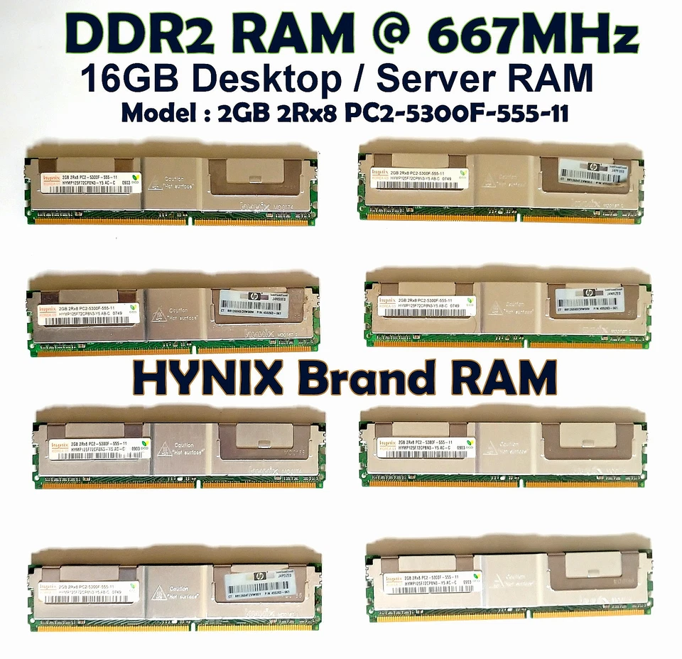 Hynix 2GB 2Rx8 PC2-5300F-555-11 RAM,  2GB RAM x 8 PIECES = 16GB RAM TOTAL. - Image 1 of 4