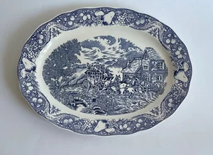 Sanyei Japan 18" blue and white serving platter horses and carriage stagecoach - Picture 1 of 5