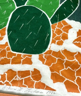 Cactus Flower Monoprint 32” Desert 80s Modern Art Saguaro Bright Orange Green CA - Image 1 of 4