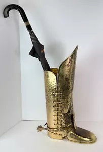 Vintage Hammered Brass Cowboy Boot Umbrella Stand/Cane Holder 22'' Western Spur - Picture 1 of 13