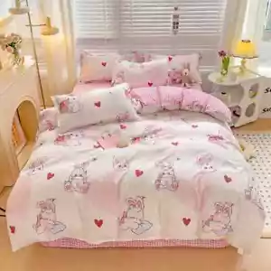 Cartoon Style Bed Sheet Set For Cute Bunny Printe Breathable Durable Bedding Set - Picture 1 of 23