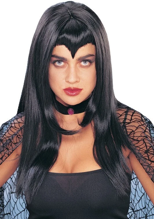 Goth Vampire Morticia DELUXE ADULT LONG BLACK WIDOW'S PEAK WIG - Image 1 of 1