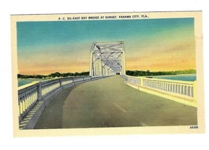 Postal de gravamen de la década de 1940 30 East Bay Bridge al atardecer Ciudad de Panamá Florida - Imagen 1 de 2