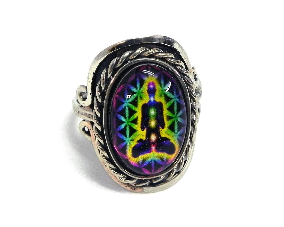Chakra Flower of Life Silver Metal Adjustable Ring Psychedelic Spiritual Jewelry Foto 1 de 1