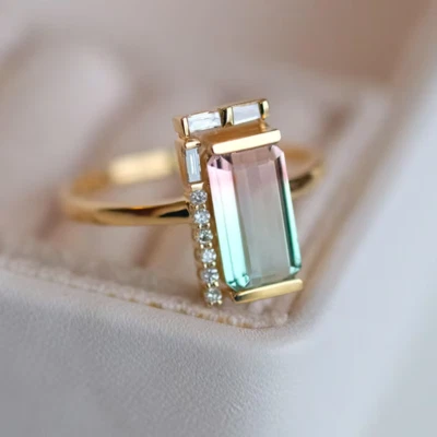 Anillo de compromiso de turmalina sandía natural chapado en oro de 18 quilates de plata 925 para ella Foto 1 de 4