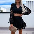 Women's Sexy Lace Two Piece Sets with Lantern Sleeve Short Skirt Dress