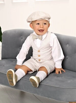 2134 Abito da battesimo (5pz) maschietto beige vestito con pantaloncini bambino. - Immagine 1 di 4